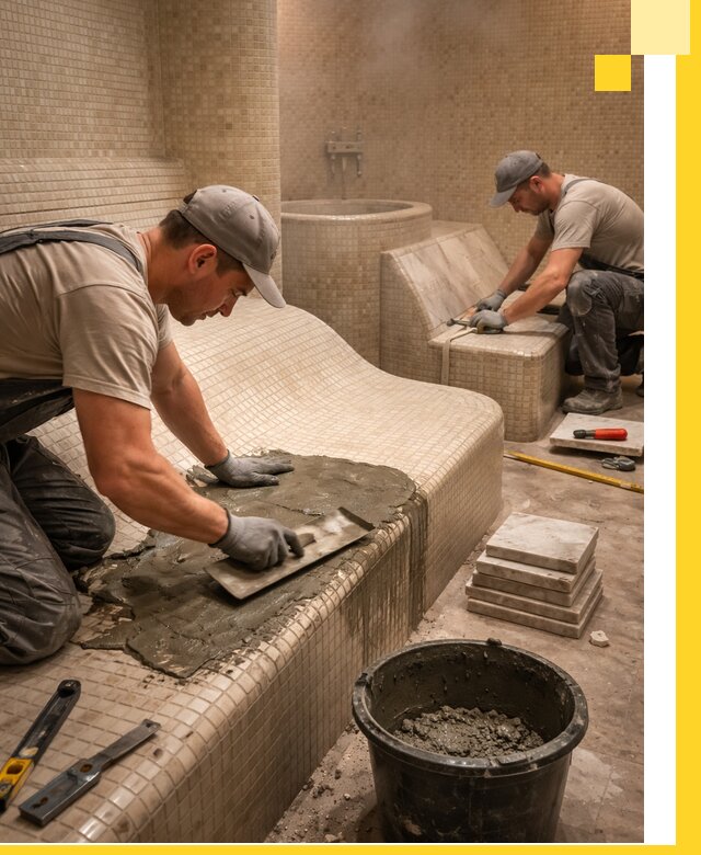 Лежаки для хамама под ключ в Оренбурге, проект и монтаж